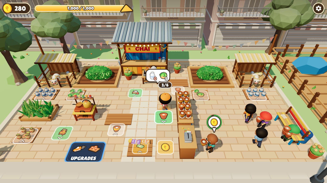 Chai Empire: a low-poly chai stall with customers and a cow